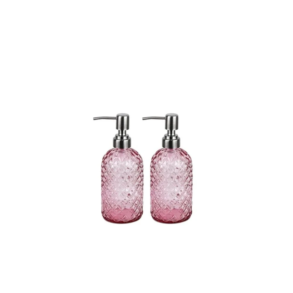 2 Pack Pink Glass Pump Dispenser Kitchen Bathroom